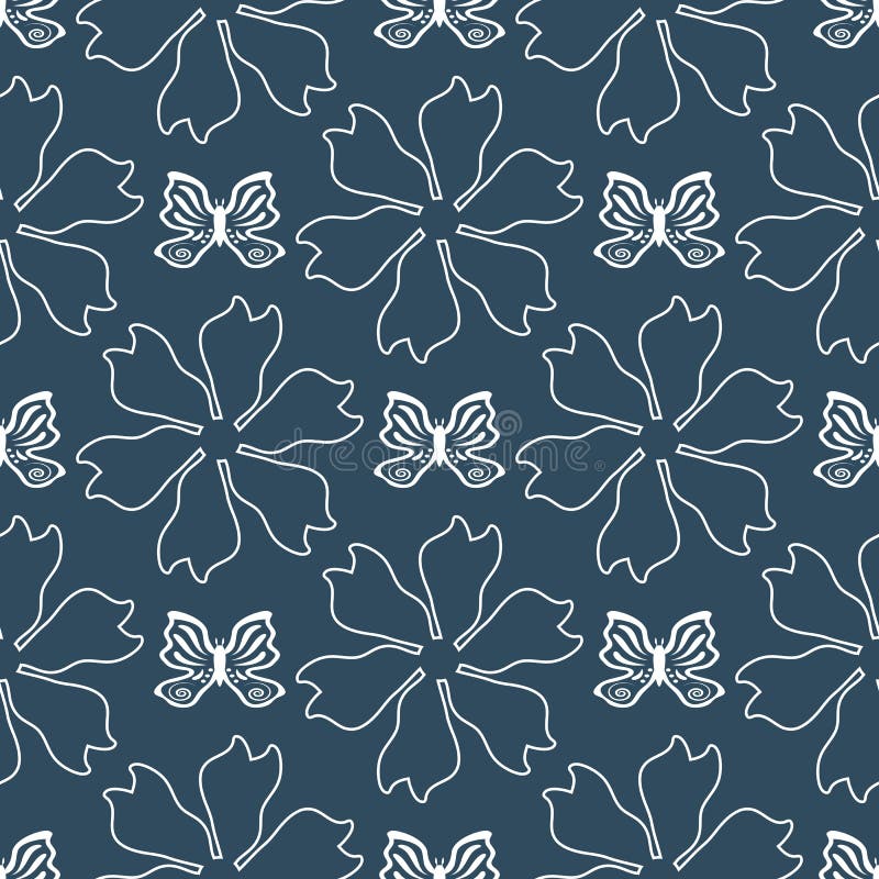 Esboços repetidos das flores e das borboletas tiradas à mão Teste padrão sem emenda feminino ilustração do vetor Esboços repetidos das flores e das borboletas tiradas à mão Teste padrão sem emenda feminino ilustração do vetor