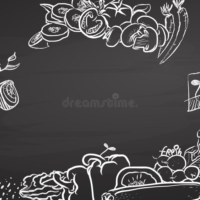 Healthy food doodle sketches on chalkboard with copyspace. Hand drawn Black and White Vector illustration on Blackboard. Healthy food doodle sketches on chalkboard with copyspace. Hand drawn Black and White Vector illustration on Blackboard.