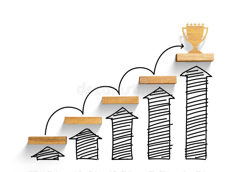 Escadaria de madeira para alcançar o objetivo e ganhar o troféu com gráfico e seta do aumento