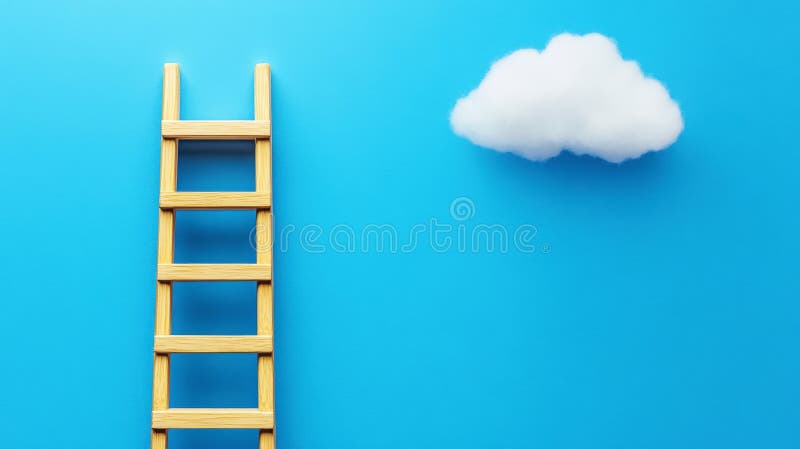 Escala de madera que llega a un fondo azul de nubes blancas esponjosas. Concepto de metas de sueños ambición de éxito. IA generati fotos de archivo libres de regalías