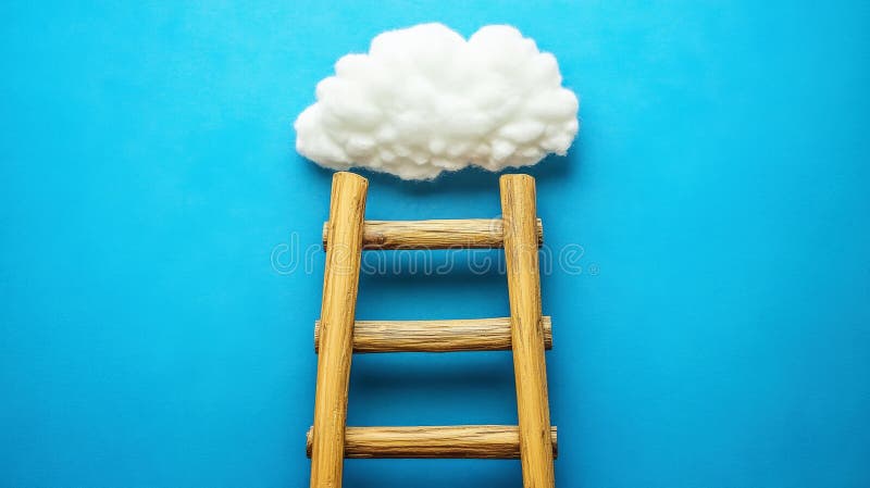 Escala de madera que llega a un fondo azul de nubes blancas esponjosas. Concepto de metas de sueños ambición de éxito. IA generati imagenes de archivo