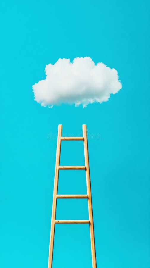 Escala de madera que llega a un fondo azul de nubes blancas esponjosas. Concepto de metas de sueños ambición de éxito. IA generati fotografía de archivo