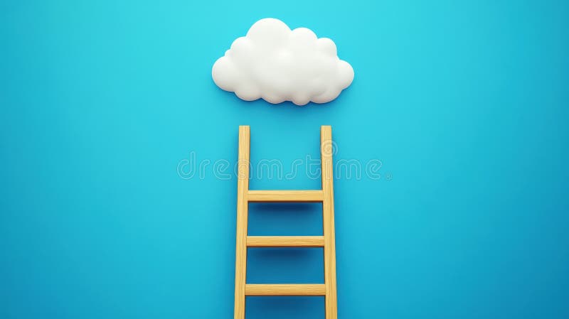 Escala de madera que llega a un fondo azul de nubes blancas esponjosas. Concepto de metas de sueños ambición de éxito. IA generati fotografía de archivo libre de regalías