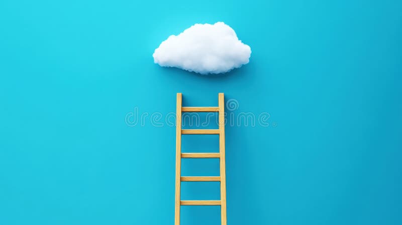 Escala de madera que llega a un fondo azul de nubes blancas esponjosas. Concepto de metas de sueños ambición de éxito. IA generati imagen de archivo libre de regalías