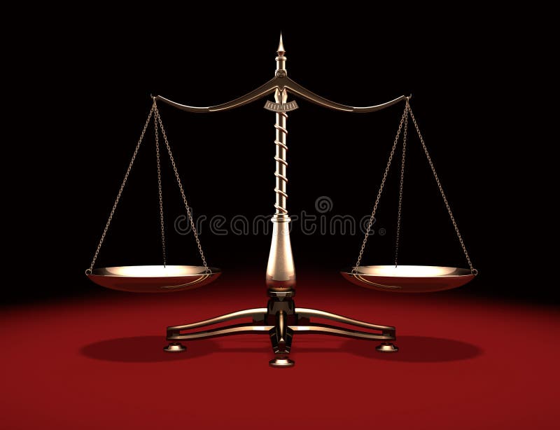Balanced brass weight scales Law and Justice symbol Isolated on black red background. Balanced brass weight scales Law and Justice symbol Isolated on black red background
