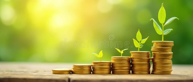 Escalera de monedas de oro. Escalera de las monedas de oro apiladas con plantas verdes que crecen de cada paso contra el verde bor fotografía de archivo