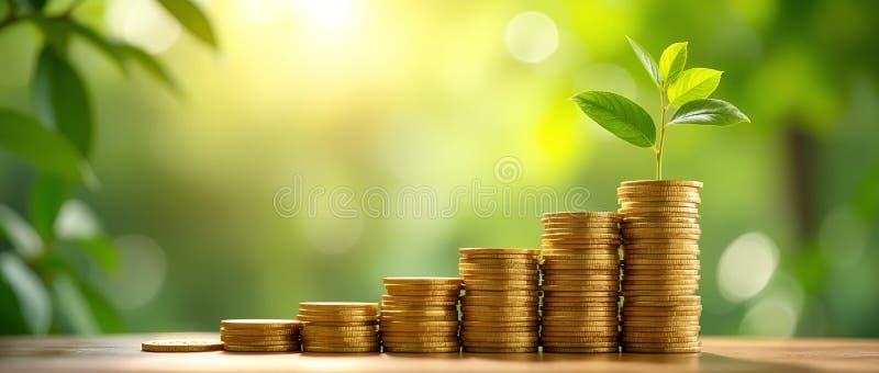 Escalera de monedas de oro. Escalera de las monedas de oro apiladas con plantas verdes que crecen de cada paso contra el verde bor foto de archivo libre de regalías