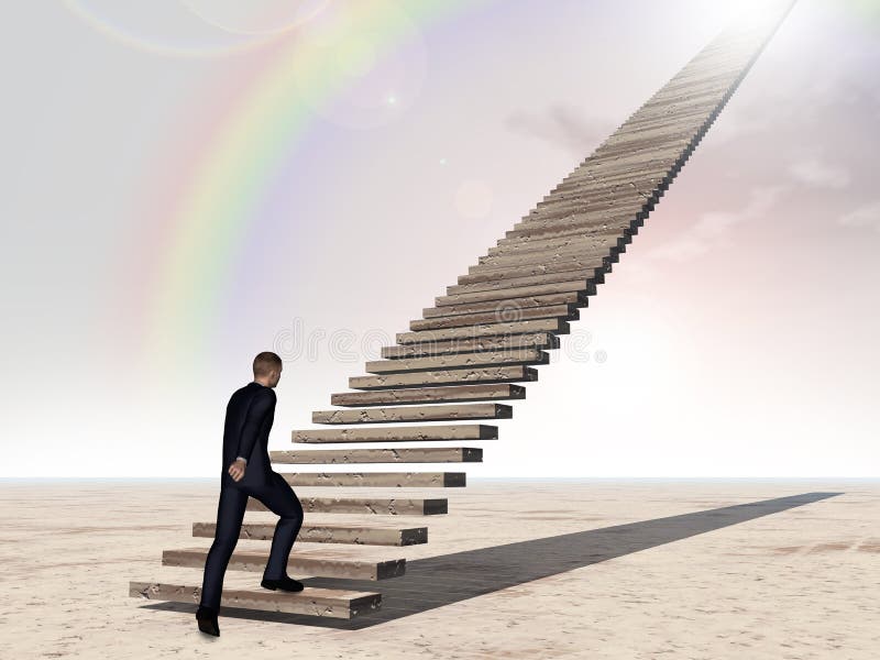 Escalera que camina o que sube del hombre de negocios conceptual 3D sobre el cielo del arco iris libre illustration Escalera que camina o que sube del hombre de negocios conceptual 3D sobre el cielo del arco iris libre illustration