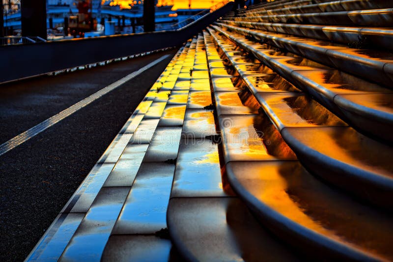 Escalier dans la ville au coucher du soleil photographie stock