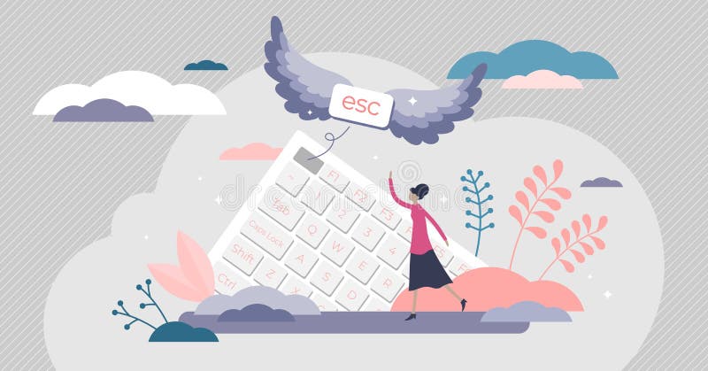 Escape button creative concept, flat tiny person vector illustration stock illustration