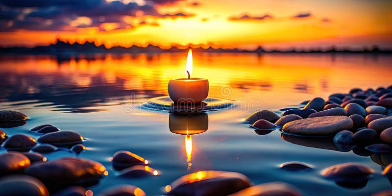 Find Inner Peace Serene Candlelight Silhouette Reflecting on Tranquil Water and Smooth Stones Perfect for Meditation royalty free illustration