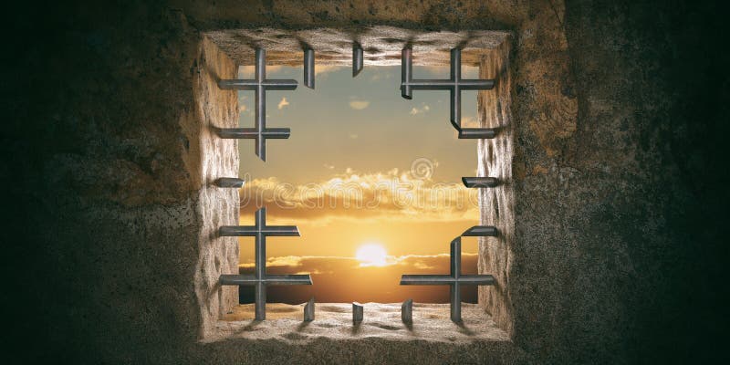 Escape, freedom concept. Prison, jail window with cut bars, sunset, sunrise view. 3d illustration. Escape, freedom concept. Prison, jail window with cut bars, sunset, sunrise view. 3d illustration