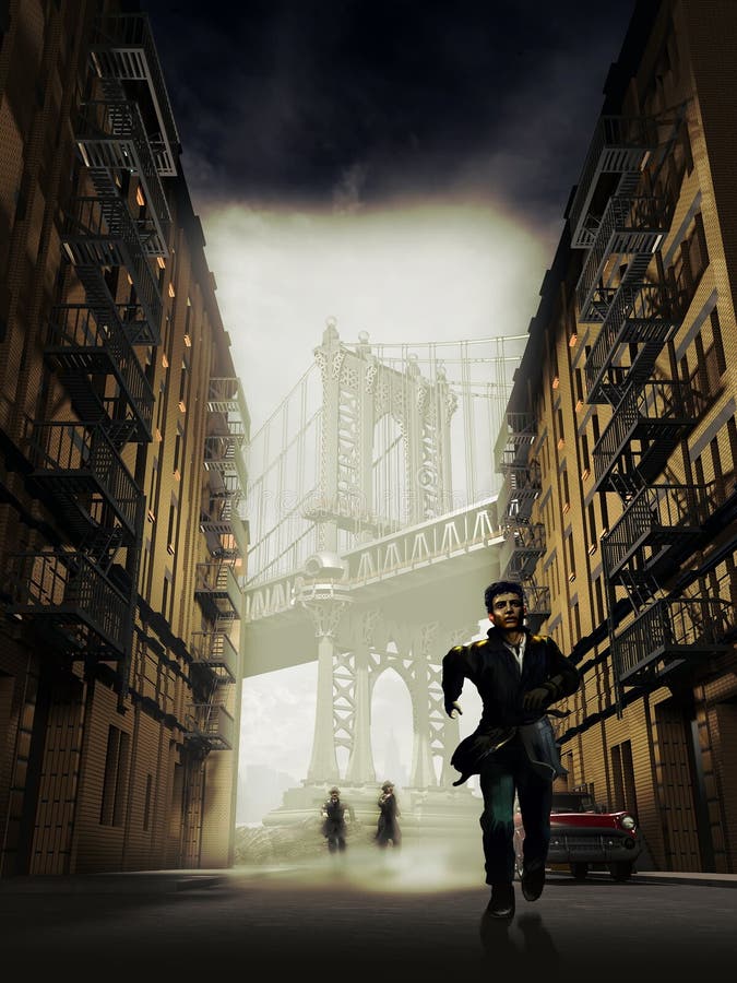 Uomo che corre a Brooklyn, vicino a Manhattan bridge, cercando di sfuggire ai due assassini.