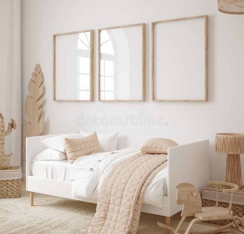 Mock up frame in children room with natural wooden furniture, Farmhouse style interior background, 3D render. Mock up frame in children room with natural wooden furniture, Farmhouse style interior background, 3D render