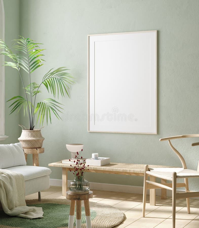 Mock up frame in home interior background, pastel green room with natural wooden furniture, 3d render. Mock up frame in home interior background, pastel green room with natural wooden furniture, 3d render