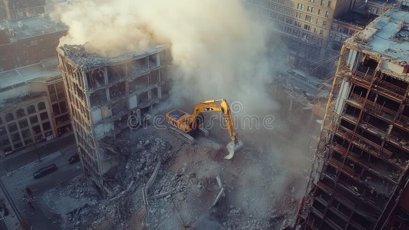 Escavador Demolindo Edifício Grande com Pó Crescente em Ruínas Urbanas da Vista Aérea imagens de stock