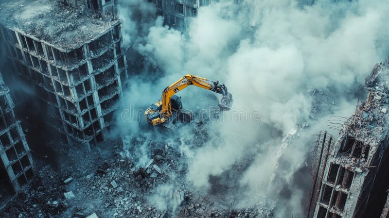 Escavador Demolindo Edifício Grande com Pó Crescente em Ruínas Urbanas da Vista Aérea imagens de stock royalty free
