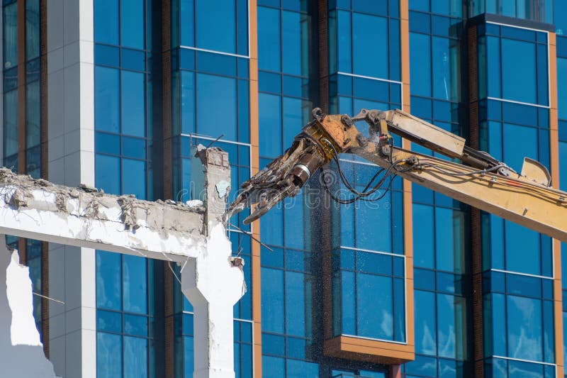 Escavador demolindo estrutura de betão em área de construção urbana fotos de stock