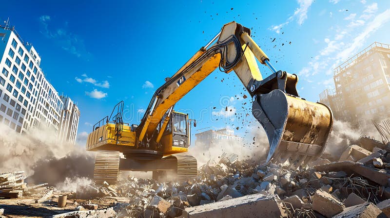 Escavador demolindo prédio em ambiente urbano sob céu azul fotos de stock royalty free