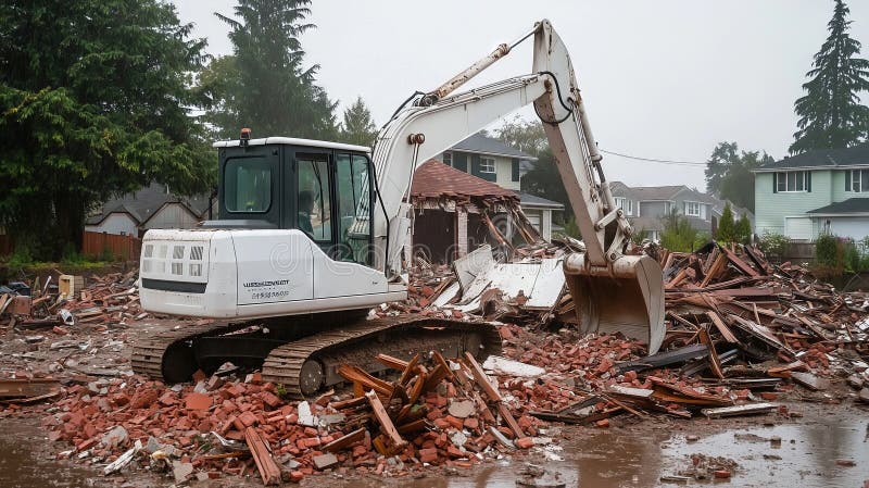 Escavadora demolindo casa para novo projeto de construção imagem de stock