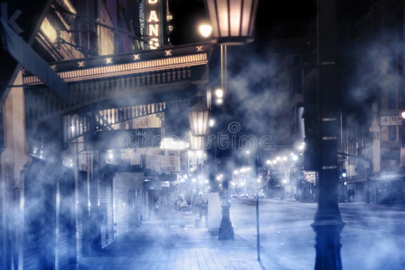 Foggy street scene with lights and people at night. Foggy street scene with lights and people at night