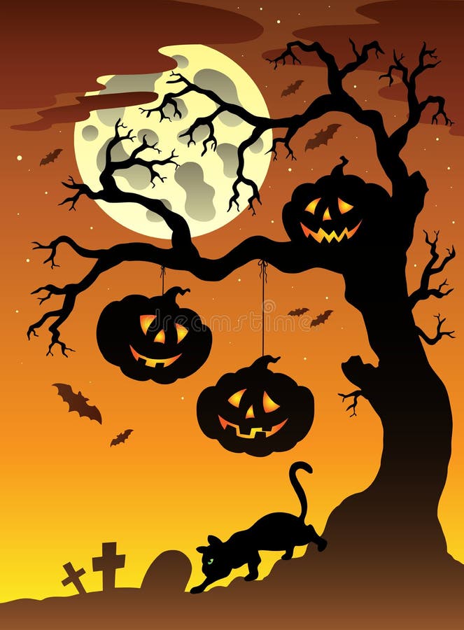 Escena con el árbol 2 de Víspera de Todos los Santos stock de ilustración Escena con el árbol 2 de Víspera de Todos los Santos stock de ilustración