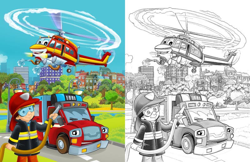 escena-de-boceto-dibujos-animados-con-veh%C3%ADculo-coches-bomberos-en-la-carretera-y-ilustraci%C3%B3n-trabajadores-para-ni%C3%B1os-194087732.jpg