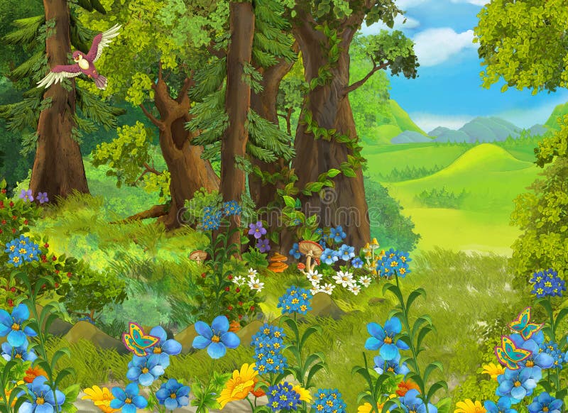 Escena de caricatura de verano con sendero en el bosque - nadie en escena - ilustración para niños libre illustration Escena de caricatura de verano con sendero en el bosque - nadie en escena - ilustración para niños libre illustration