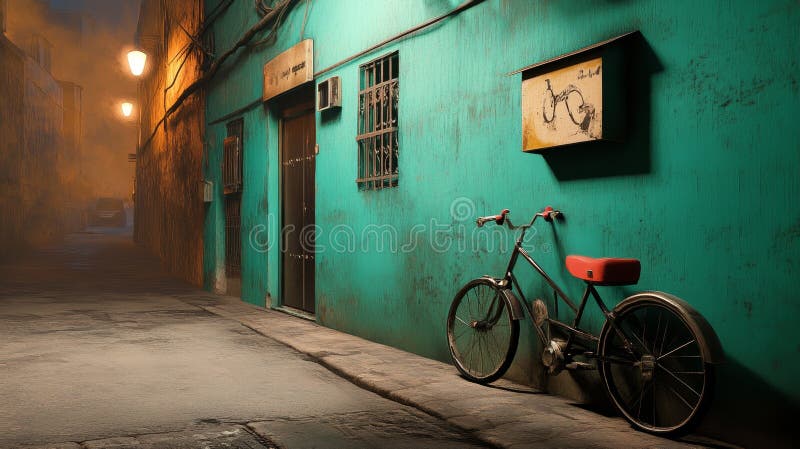 Escena de la bicicleta de la callejuela nocturna misteriosa vintage urbano pacífico se apoya una bicicleta contra una pared de tet libre illustration