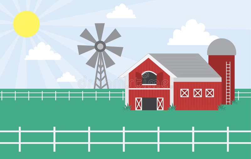 Cartoon farm with barn and windmill. Cartoon farm with barn and windmill