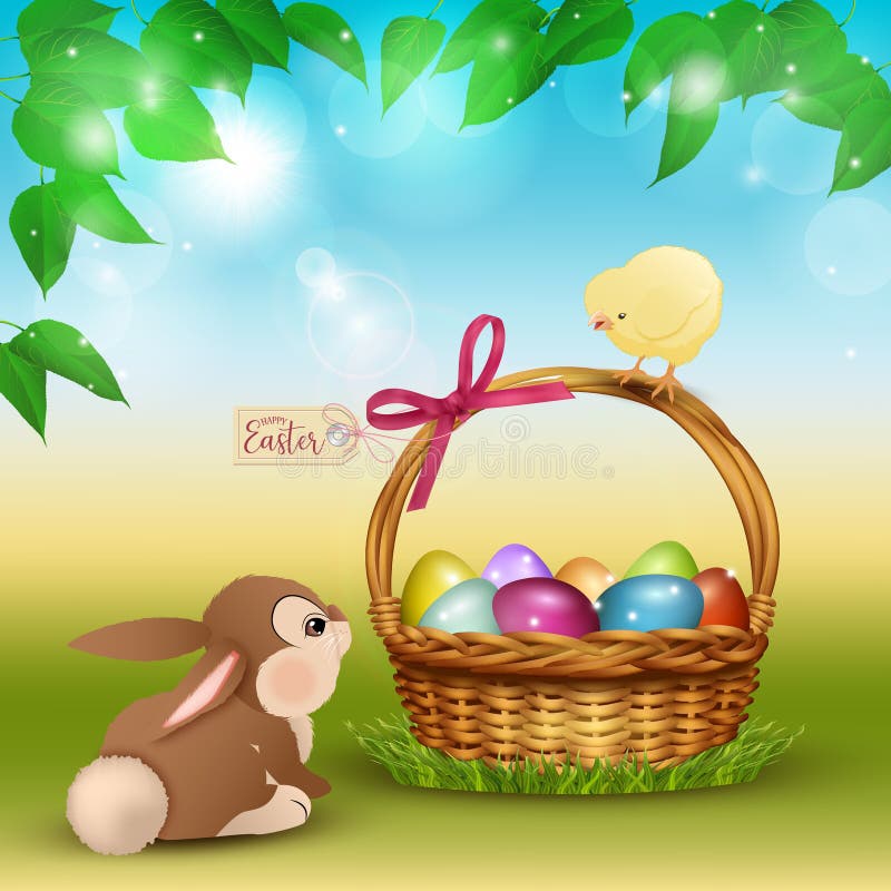 Escena de la historieta de Pascua con el conejo y el pollo lindos stock de ilustración Escena de la historieta de Pascua con el conejo y el pollo lindos stock de ilustración