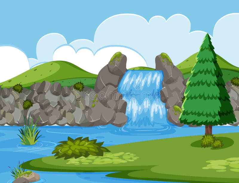 Escena de madera del río de la cascada ilustración del vector Escena de madera del río de la cascada ilustración del vector