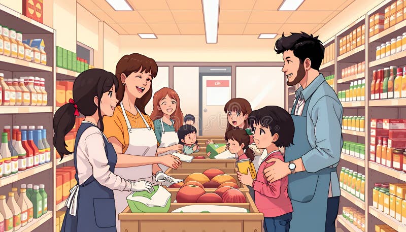 Escena de tienda de comestibles al estilo anime con comunidad animada en estilo de arte de píxeles Ilustración con iluminación cál libre illustration