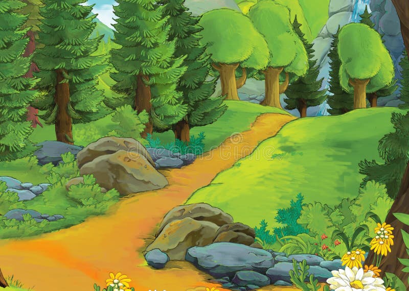 Escena de verano de caricaturas con el valle del prado - nadie en el lugar - ilustración para niños