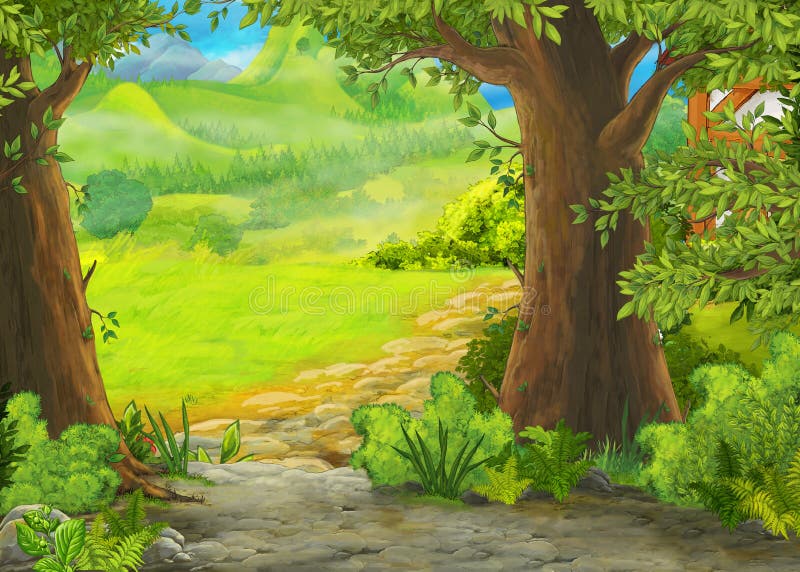 Escena de verano de caricaturas en camino a la aldea de la granja - nadie en el lugar stock de ilustración Escena de verano de caricaturas en camino a la aldea de la granja - nadie en el lugar stock de ilustración