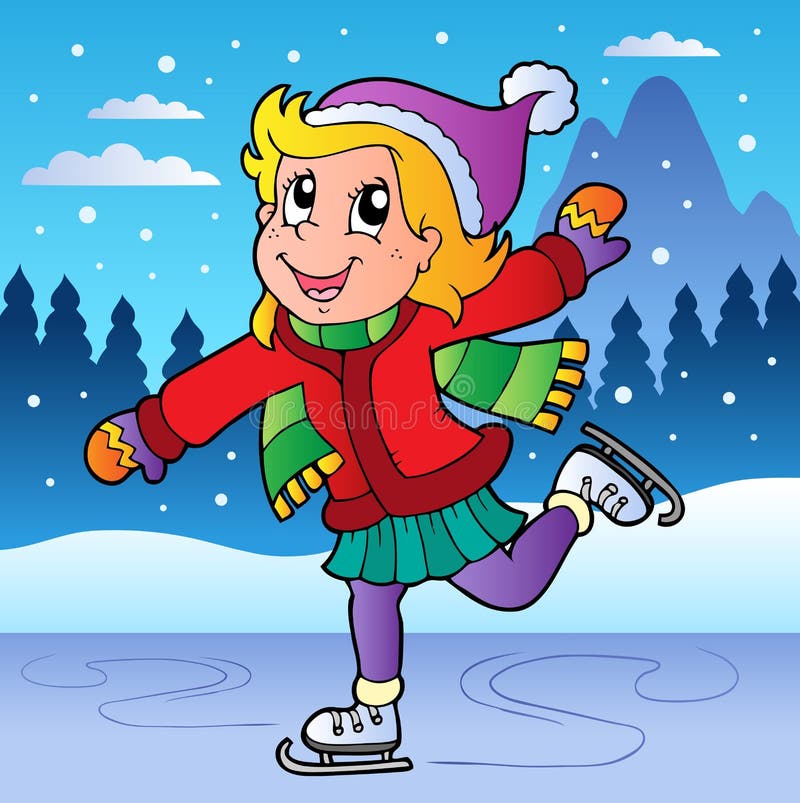 Escena del invierno con la muchacha patinadora stock de ilustración Escena del invierno con la muchacha patinadora stock de ilustración