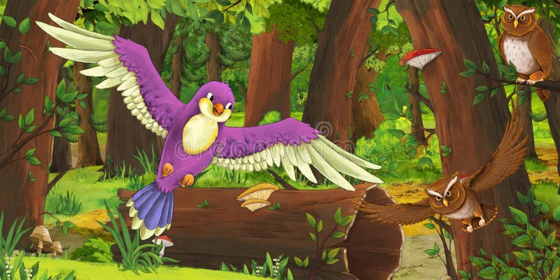 Escena del verano de la historieta con los búhos profundos y algún otro pájaro - nadie del bosque y de los pájaros en escena stock de ilustración Escena del verano de la historieta con los búhos profundos y algún otro pájaro - nadie del bosque y de los pájaros en escena stock de ilustración