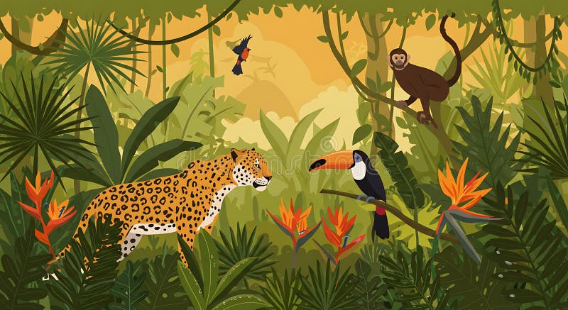 Escena densa de la jungla con un jaguar a la izquierda su abrigo amarillo con puntos negros. A stock de ilustración