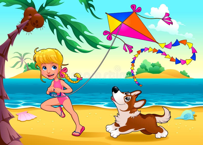 Escena divertida con la muchacha y el perro en la playa stock de ilustración Escena divertida con la muchacha y el perro en la playa stock de ilustración