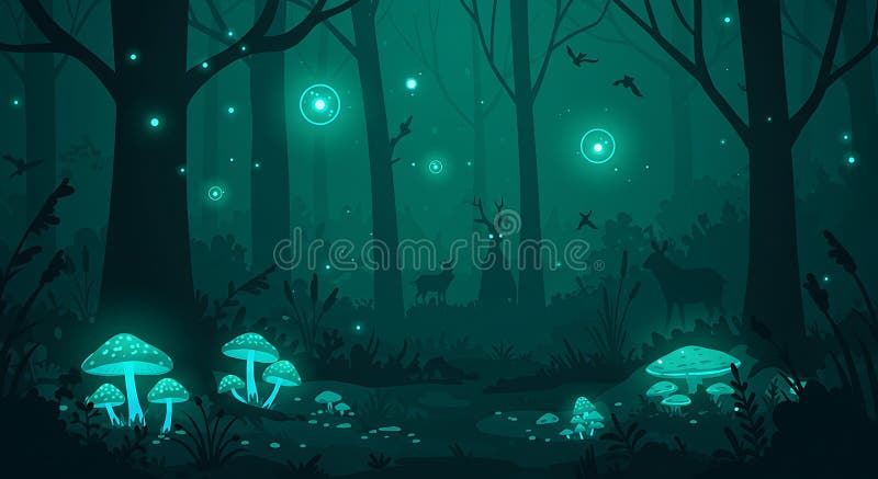 Escena forestal encantada bajo un crepúsculo. Tallados árboles oscuros forman una densa capa stock de ilustración