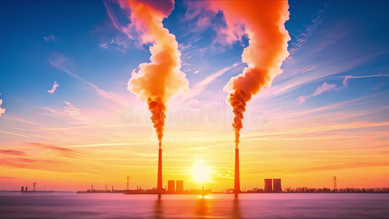 Escena industrial abstracta de humo saliendo de dos chimeneas de factoris contra el cielo atardecer libre illustration