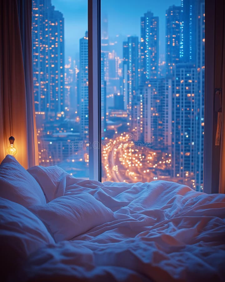 Escena nocturna desde un lujoso dormitorio con vistas a la vibrante ciudad, cama de matrimonio con sábanas blancas suavemente ilum ilustración del vector