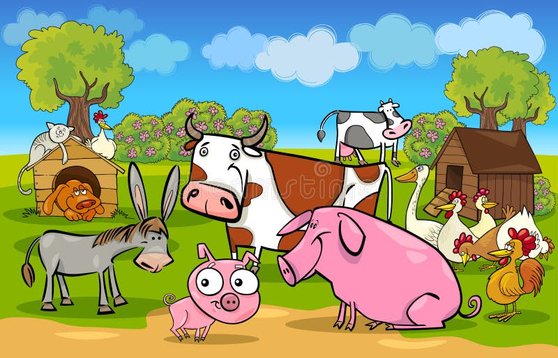 Cartoon illustration of rural scene with cute farm animals group. Cartoon illustration of rural scene with cute farm animals group