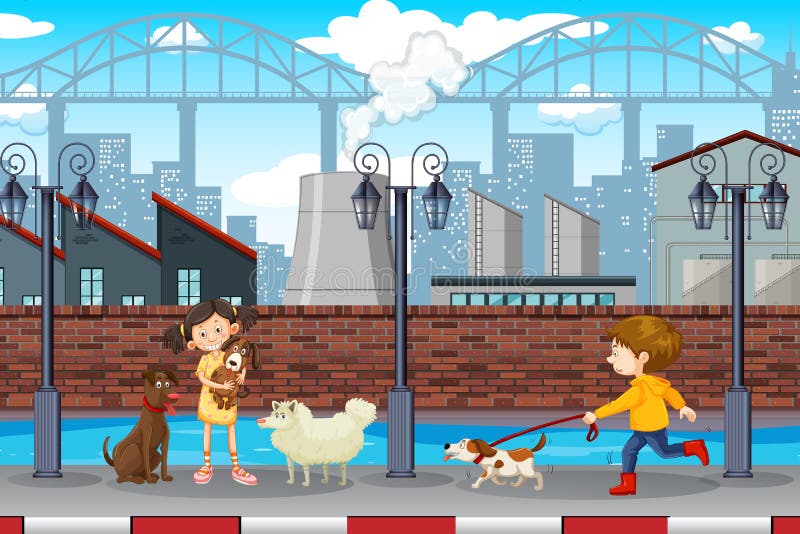 Escena urbana de los niños y de los animales domésticos libre illustration Escena urbana de los niños y de los animales domésticos libre illustration