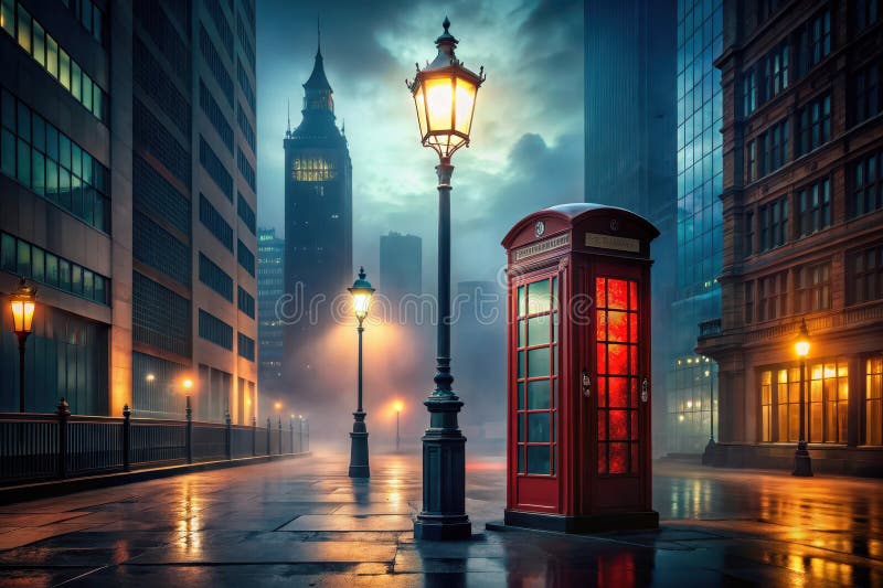 Escena urbana misteriosa al atardecer con una cabina telefónica roja y lámparas de calle antiguas que reflejan una calle empedrada ilustración del vector