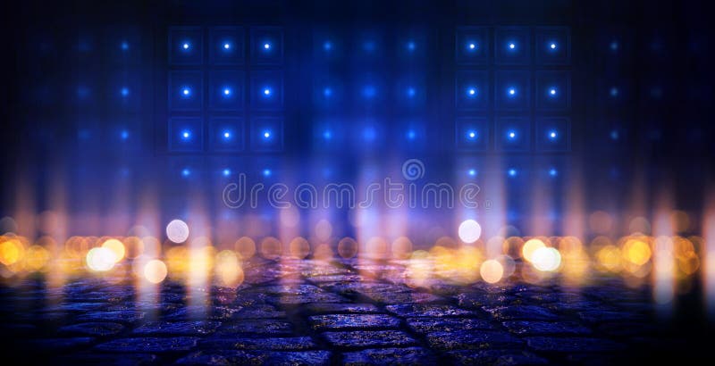 Escena vacía oscura, luz de neón multicolora del reflector, luz abstracta del bokeh, asfalto mojado libre illustration Escena vacía oscura, luz de neón multicolora del reflector, luz abstracta del bokeh, asfalto mojado libre illustration