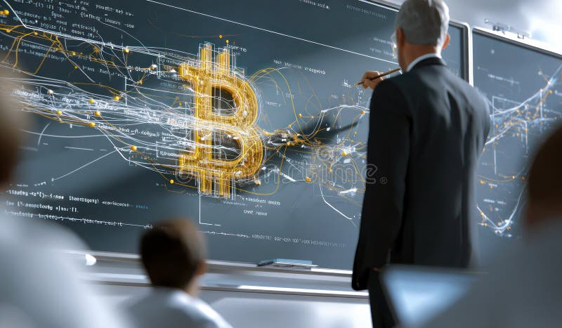 Escenario de clase tradicional alumno aprendiendo algoritmos de Bitcoin Blockchain con equipo tradicional de pizarra digital stock de ilustración