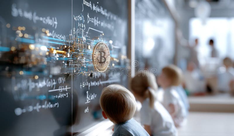 Escenario de clase tradicional alumno aprendiendo algoritmos de Bitcoin Blockchain con equipo tradicional de pizarra digital libre illustration