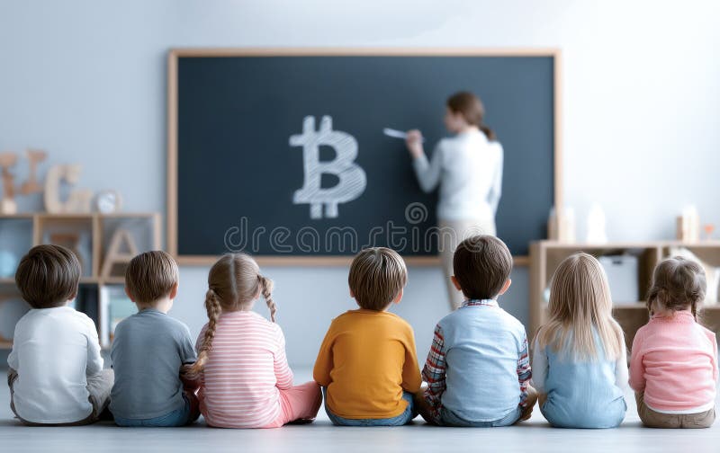Escenario de clase tradicional alumno aprendiendo algoritmos de Bitcoin Blockchain con equipo tradicional de pizarra digital ilustración del vector