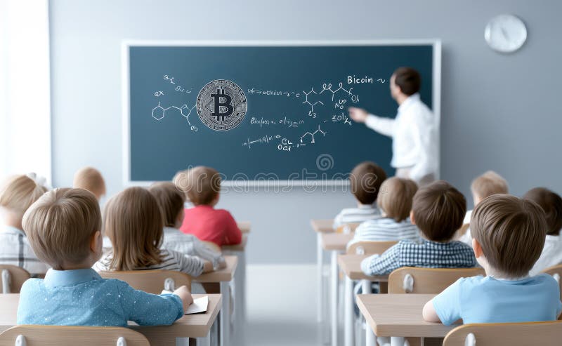 Escenario de clase tradicional alumno aprendiendo algoritmos de Bitcoin Blockchain con equipo tradicional de pizarra digital ilustración del vector